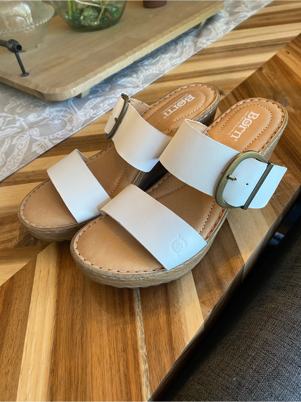 Born White Double-Strap Slide with Buckle Accent